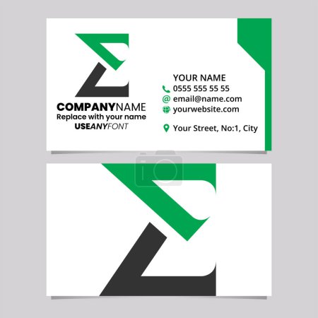 Illustration for Green and Black Business Card Template with Sharp Letter E Logo Icon Over a Light Grey Background - Royalty Free Image
