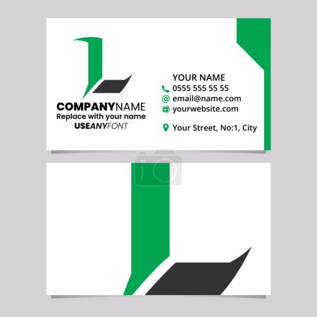 Téléchargez les illustrations : Modèle de carte de visite vert et noir avec l'icône pointue de logo de la lettre L sur un fond gris clair - en licence libre de droit
