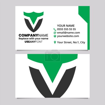 Ilustración de Plantilla de tarjeta de visita verde y negro con escudo en forma de letra V icono del logotipo sobre un fondo gris claro - Imagen libre de derechos