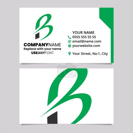 Téléchargez les illustrations : Modèle de carte de visite verte et noire avec une icône de logo B mince sur un fond gris clair - en licence libre de droit