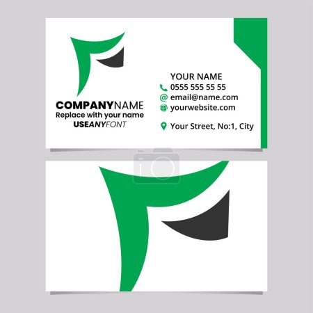 Ilustración de Plantilla de tarjeta de visita verde y negra con el icono de la letra F con pinchos sobre un fondo gris claro - Imagen libre de derechos