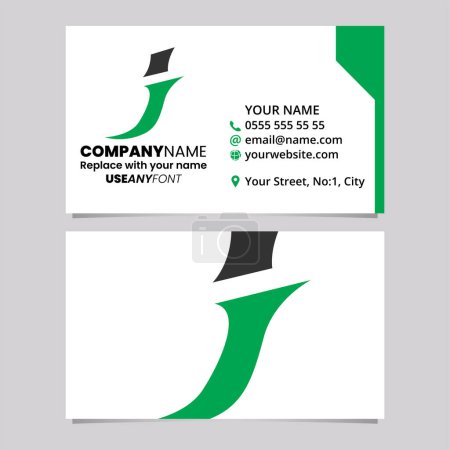 Ilustración de Plantilla de tarjeta de visita verde y negra con el icono de Spiky Italic Letter J Logo sobre un fondo gris claro - Imagen libre de derechos