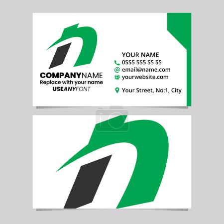 Ilustración de Plantilla de tarjeta de visita verde y negra con el icono de la letra N de Spiky Italic sobre un fondo gris claro - Imagen libre de derechos