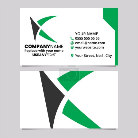 Téléchargez les illustrations : Modèle de carte de visite verte et noire avec icône de logo de lettre K pointue sur un fond gris clair - en licence libre de droit