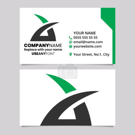 Ilustración de Plantilla de tarjeta de visita verde y negra con letra minúscula puntiaguda Un icono de logotipo sobre un fondo gris claro - Imagen libre de derechos