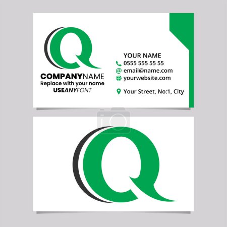 Téléchargez les illustrations : Modèle de carte de visite verte et noire avec l'icône ronde pointue de logo de la lettre Q sur un fond gris clair - en licence libre de droit
