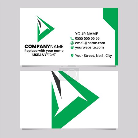 Ilustración de Plantilla de tarjeta de visita verde y negra con el icono del logotipo de Spiky Triangular Letter D sobre un fondo gris claro - Imagen libre de derechos