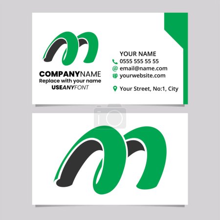 Ilustración de Plantilla de tarjeta de visita verde y negra con el icono de la letra M en forma de resorte sobre un fondo gris claro - Imagen libre de derechos