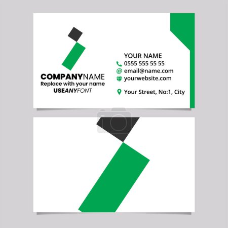 Téléchargez les illustrations : Modèle de carte de visite vert et noir avec carré et rectangle Lettre I Logo icône sur un fond gris clair - en licence libre de droit