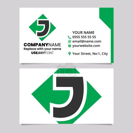Illustration for Green and Black Business Card Template with Square Diamond Letter J Logo Icon Over a Light Grey Background - Royalty Free Image