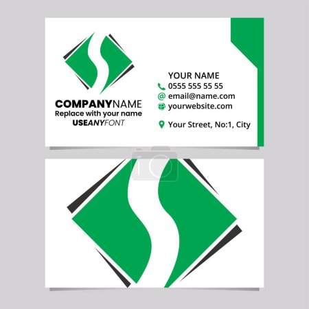 Téléchargez les illustrations : Modèle de carte de visite vert et noir avec diamant carré lettre S logo icône sur un fond gris clair - en licence libre de droit