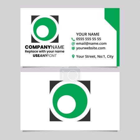 Téléchargez les illustrations : Modèle de carte de visite verte et noire avec lettre carrée O logo icône sur un fond gris clair - en licence libre de droit