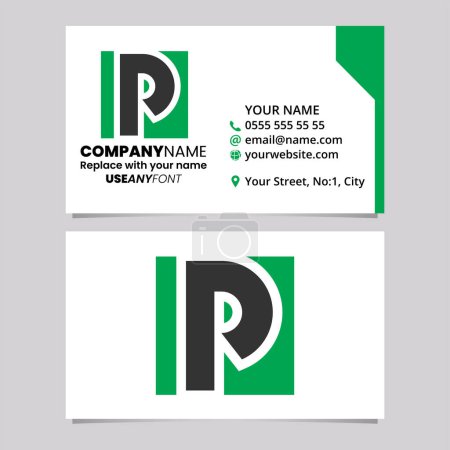Ilustración de Plantilla de tarjeta de visita verde y negro con letra cuadrada P icono del logotipo sobre un fondo gris claro - Imagen libre de derechos