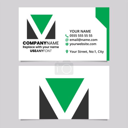 Téléchargez les illustrations : Modèle de carte de visite verte et noire avec icône de logo de lettre carrée V sur un fond gris clair - en licence libre de droit