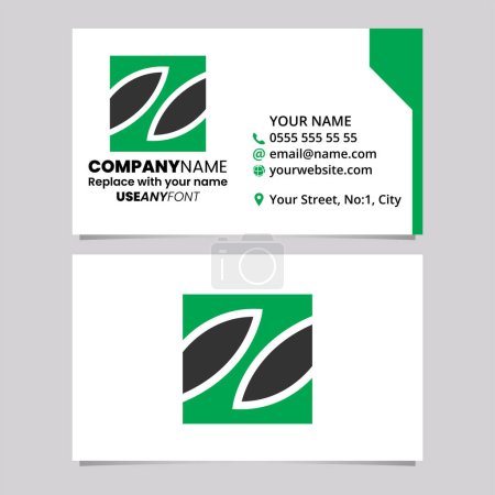 Ilustración de Plantilla de tarjeta de visita verde y negra con el icono del logotipo cuadrado de la letra Z sobre un fondo gris claro - Imagen libre de derechos