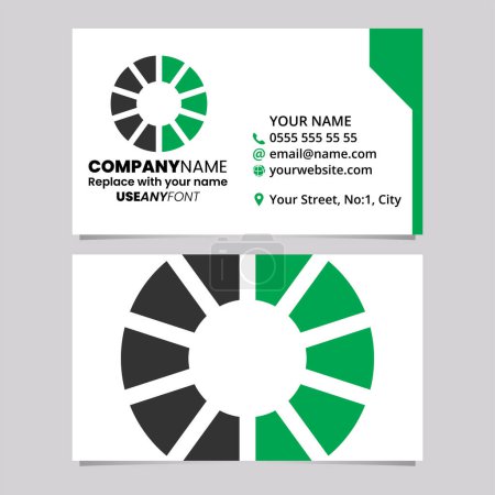 Ilustración de Plantilla de tarjeta de visita verde y negro con la letra rayada O icono del logotipo sobre un fondo gris claro - Imagen libre de derechos