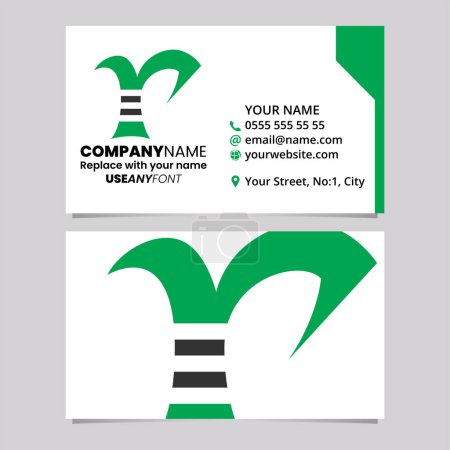 Téléchargez les illustrations : Modèle de carte de visite verte et noire avec icône rayée du logo de la lettre R sur un fond gris clair - en licence libre de droit