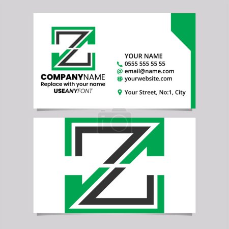 Téléchargez les illustrations : Modèle de carte de visite verte et noire avec icône en forme de lettre Z rayée sur un fond gris clair - en licence libre de droit