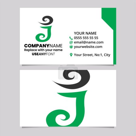 Illustration for Green and Black Business Card Template with Swirly Letter J Logo Icon Over a Light Grey Background - Royalty Free Image