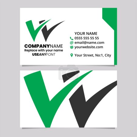 Ilustración de Plantilla de tarjeta de visita verde y negro con la letra en forma de garrapata W icono del logotipo sobre un fondo gris claro - Imagen libre de derechos