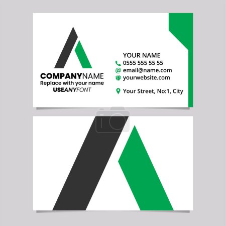 Illustration for Green and Black Business Card Template with Trapezium Shaped Letter A Logo Icon Over a Light Grey Background - Royalty Free Image