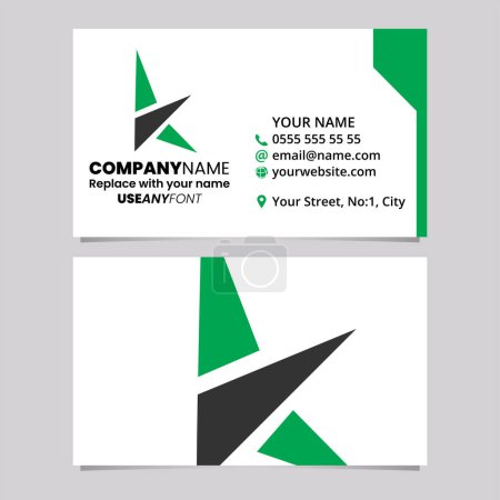 Téléchargez les illustrations : Modèle de carte de visite vert et noir avec triangle lettre K logo icône sur un fond gris clair - en licence libre de droit