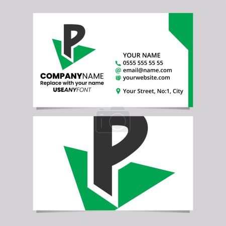 Illustration for Green and Black Business Card Template with Triangle Letter P Logo Icon Over a Light Grey Background - Royalty Free Image
