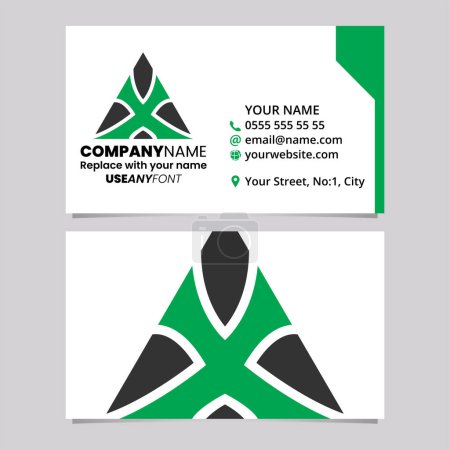 Illustration for Green and Black Business Card Template with Triangle Shaped Letter X Logo Icon Over a Light Grey Background - Royalty Free Image