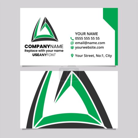 Ilustración de Plantilla de tarjeta de visita verde y negra con letra en espiral triangular Un icono de logotipo sobre un fondo gris claro - Imagen libre de derechos