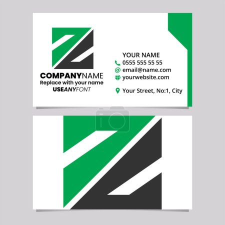Téléchargez les illustrations : Modèle de carte de visite vert et noir avec forme carrée triangulaire lettre Z logo icône sur un fond gris clair - en licence libre de droit