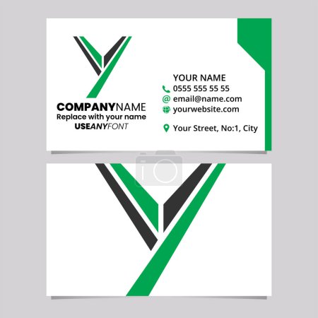 Téléchargez les illustrations : Modèle de carte de visite verte et noire avec lettre majuscule Y logo icône sur un fond gris clair - en licence libre de droit