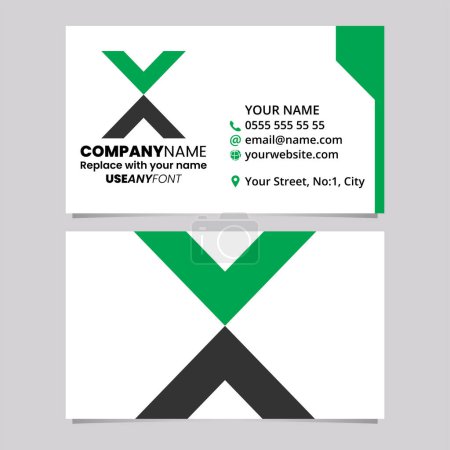 Illustration for Green and Black Business Card Template with V Shaped Letter X Logo Icon Over a Light Grey Background - Royalty Free Image