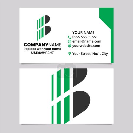 Ilustración de Plantilla de tarjeta de visita verde y negra con icono de logotipo de letra B a rayas verticales sobre un fondo gris claro - Imagen libre de derechos