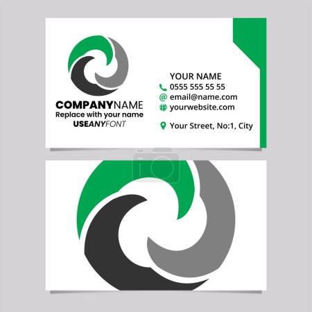 Illustration for Green and Black Business Card Template with Wave Shaped Letter O Logo Icon Over a Light Grey Background - Royalty Free Image