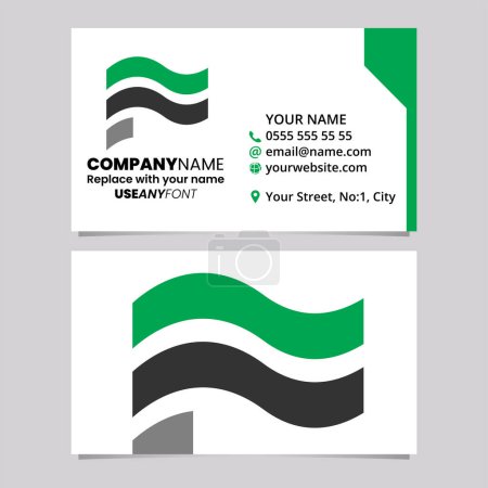 Ilustración de Plantilla de tarjeta de visita verde y negro con bandera ondulada en forma de letra F icono del logotipo sobre un fondo gris claro - Imagen libre de derechos