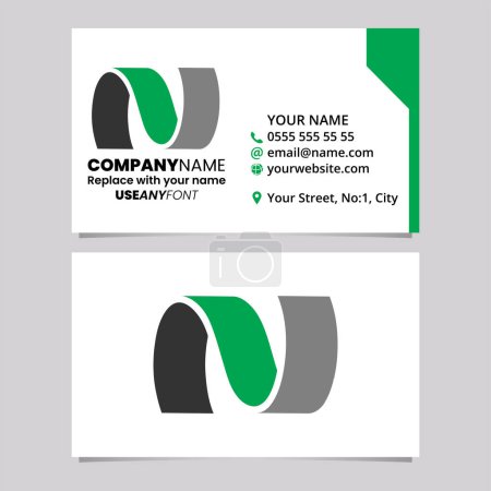 Illustration for Green and Black Business Card Template with Wavy Shaped Letter N Logo Icon Over a Light Grey Background - Royalty Free Image