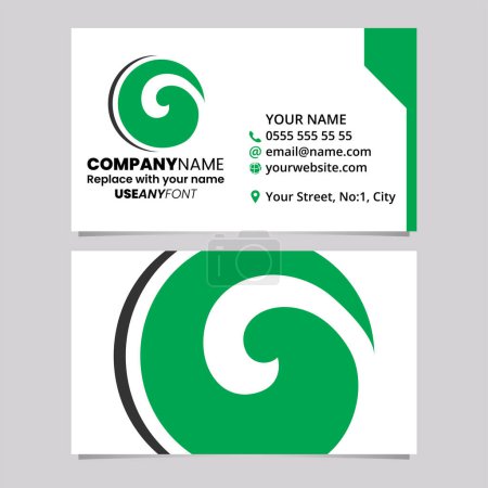 Ilustración de Plantilla de tarjeta de visita verde y negro con la letra en forma de remolino O icono del logotipo sobre un fondo gris claro - Imagen libre de derechos