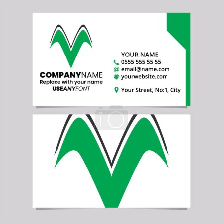 Téléchargez les illustrations : Modèle de carte de visite verte et noire avec l'icône de logo en forme d'aile V sur un fond gris clair - en licence libre de droit