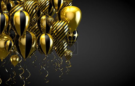 Elegant helium balloons flying on black background for announcements, birthdays and invitations.3d illustration.Festive and celebration background. Gold and golden balloons.