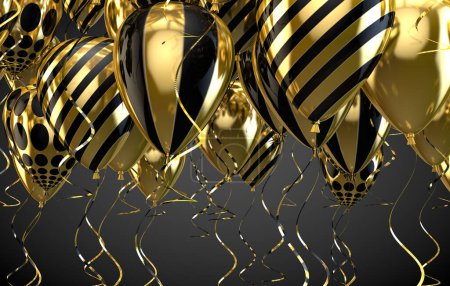 Elegante Heliumballons fliegen auf schwarzem Hintergrund für Ankündigungen, Geburtstage und Einladungen. 3D-Illustration.Festlicher und feierlicher Hintergrund. Gold und goldene Luftballons.
