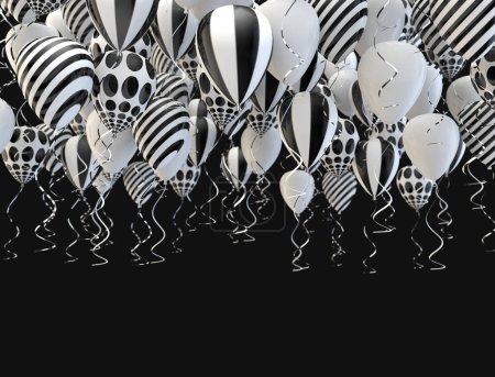Elegant helium balloons flying on black background for announcements, birthdays and invitations.3d illustration.Festive and celebration background. Black and white balloons.