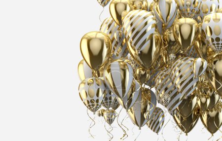 Elegant helium balloons flying on white background for announcements, birthdays and invitations.3d illustration.Festive and celebration background. Gold and golden balloons.