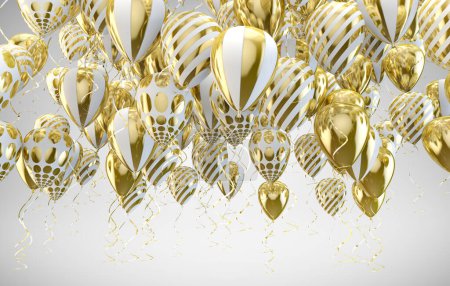 Foto de Elegantes globos de helio volando sobre fondo blanco para anuncios, cumpleaños e invitaciones.Ilustración 3D.Fondo festivo y de celebración. Globos dorados y dorados. - Imagen libre de derechos