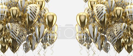Foto de Elegantes globos de helio volando sobre fondo blanco para anuncios, cumpleaños e invitaciones.Ilustración 3D.Fondo festivo y de celebración. Globos dorados y dorados. - Imagen libre de derechos