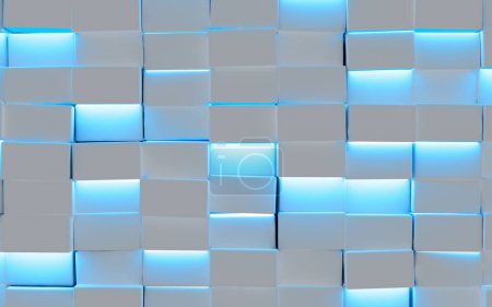 Foto de Geometría formas y luces de neón azul moderno fondo en blanco. Blanco brillante fondo tecnológico y científico. ilustración 3d. - Imagen libre de derechos
