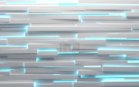 Foto de Geometría formas y luces de neón azul moderno fondo en blanco. Blanco brillante fondo tecnológico y científico. ilustración 3d. - Imagen libre de derechos