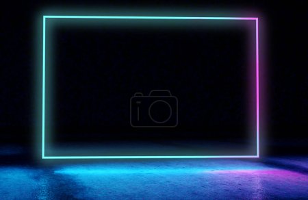 Neonlichter und Betonboden in einem dunklen Innenraum.Lebendige bunte leuchtende Lichter background.3d Illustration.