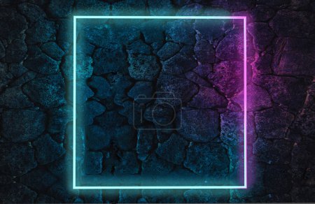 Photo for Neon lights and concrete floor in a dark interior space.Vibrant colorful glowing lights background.3d illustration. - Royalty Free Image