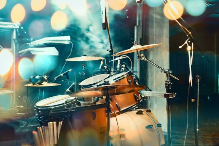 Photo for Live music background. Music band on stage. Concert and show entertainment.Drum on stage and festive live event. - Royalty Free Image
