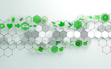Photo for Geometric shapes in white and green color.Futuristic ecological and business background. Abstract technology and digital hi tech hexagons backdrop.3d illustration - Royalty Free Image